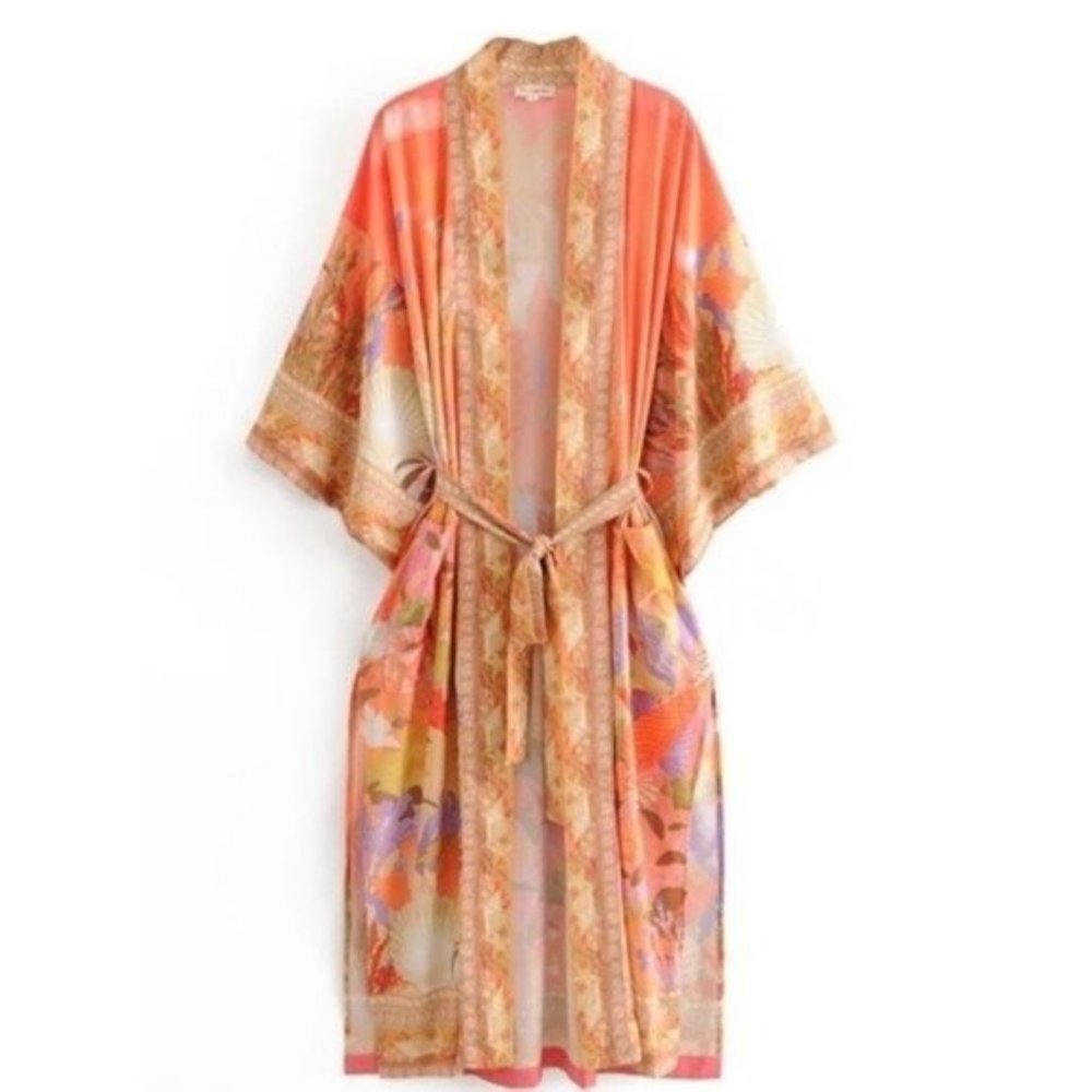 Coral Floral Satin Kimono Robe - Picture 2 of 9